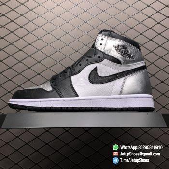 Best Replica Sneakers Wmns Air Jordan 1 Retro High OG Silver Toe Black Forefoot Overlays Shiny Metallic Silver Finish Toe Box 01