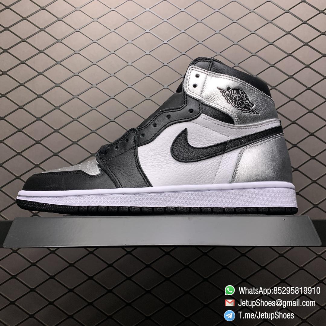 Best Replica Sneakers Wmns Air Jordan 1 Retro High OG Silver Toe Black Forefoot Overlays Shiny Metallic Silver Finish Toe Box 01