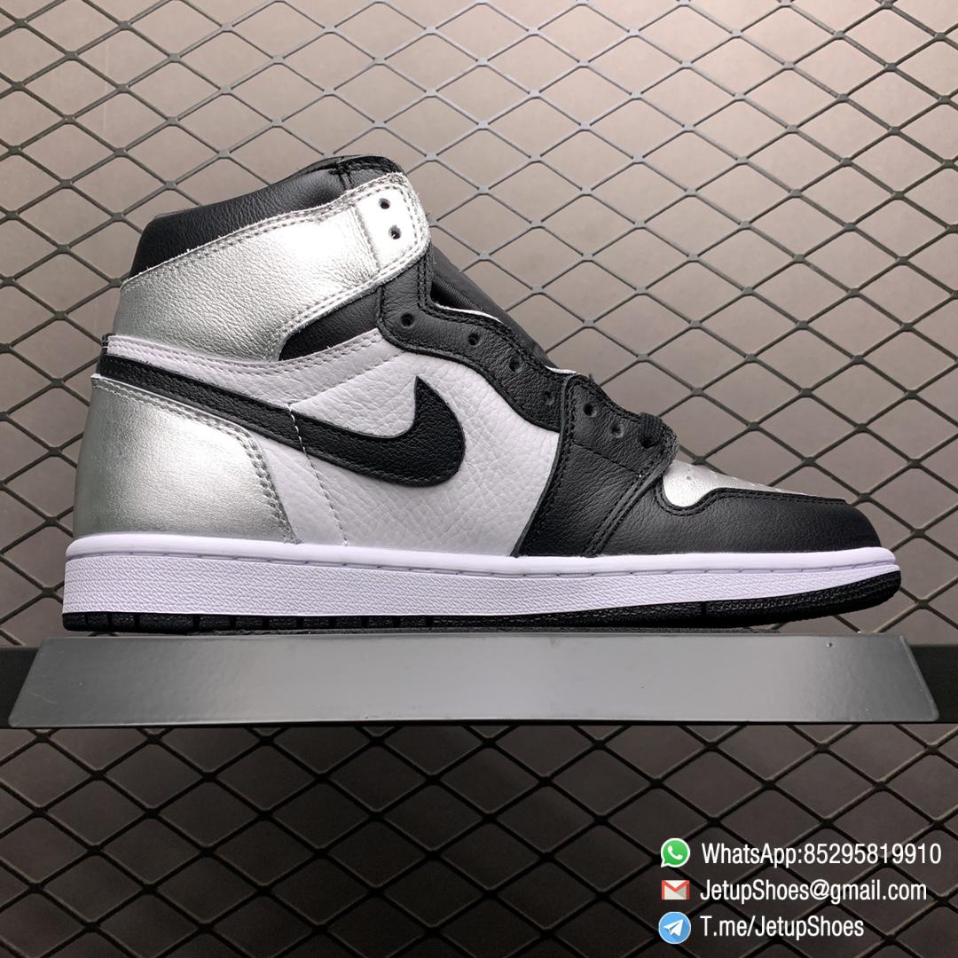 Best Replica Sneakers Wmns Air Jordan 1 Retro High OG Silver Toe Black Forefoot Overlays Shiny Metallic Silver Finish Toe Box 02