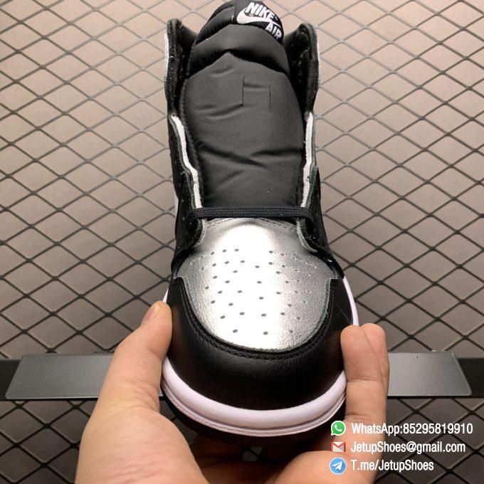 Best Replica Sneakers Wmns Air Jordan 1 Retro High OG Silver Toe Black Forefoot Overlays Shiny Metallic Silver Finish Toe Box 06