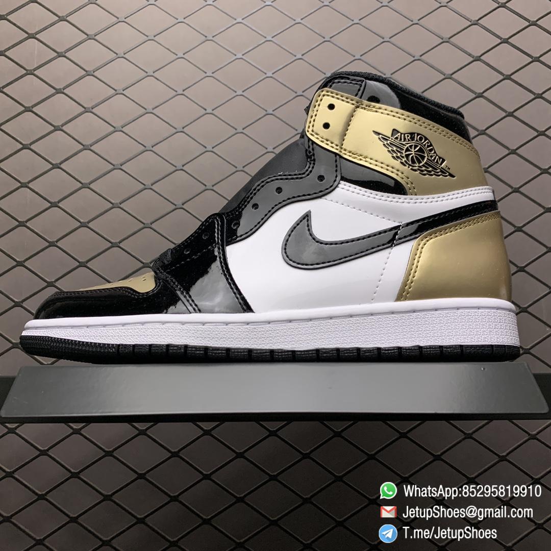 Top Fake Sneakers Air Jordan 1 Retro High OG NRG Gold Toe SKU 861428 007 Black Patent Leather Upper Metallic Gold Accents 01