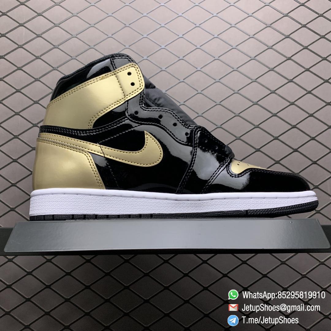 Top Fake Sneakers Air Jordan 1 Retro High OG NRG Gold Toe SKU 861428 007 Black Patent Leather Upper Metallic Gold Accents 02