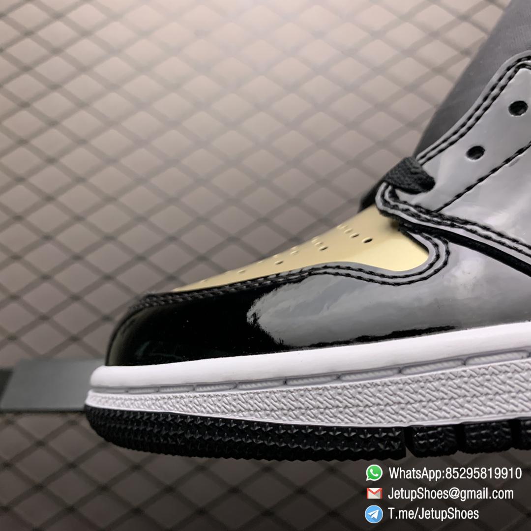 Top Fake Sneakers Air Jordan 1 Retro High OG NRG Gold Toe SKU 861428 007 Black Patent Leather Upper Metallic Gold Accents 06