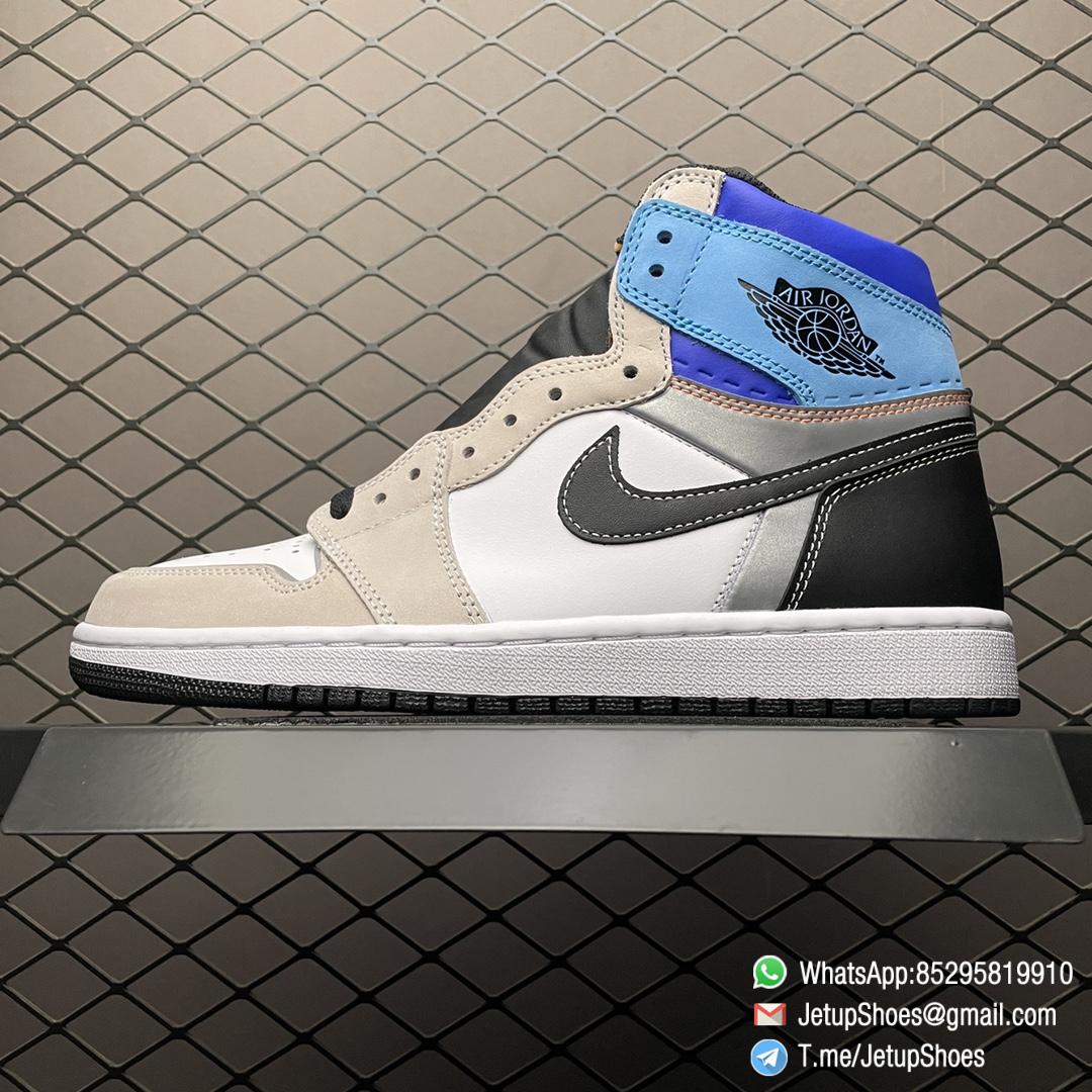 Best Replica Air Jordan 1 Retro High OG Prototype White Base Tan Nubuck Grey and Black leather Overlays Blue Collar Orange Mini Swoosh SKU DC6515 100 01