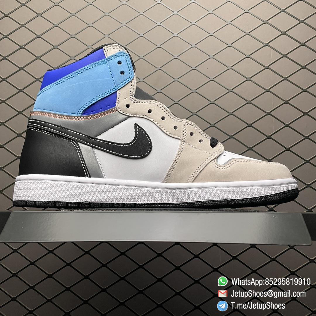 Best Replica Air Jordan 1 Retro High OG Prototype White Base Tan Nubuck Grey and Black leather Overlays Blue Collar Orange Mini Swoosh SKU DC6515 100 02