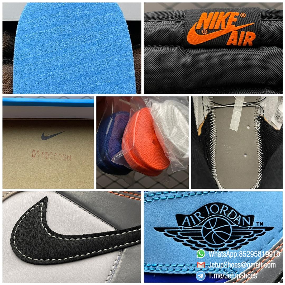 Best Replica Air Jordan 1 Retro High OG Prototype White Base Tan Nubuck Grey and Black leather Overlays Blue Collar Orange Mini Swoosh SKU DC6515 100 09