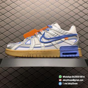 Best Replica Nike x Off White x Air Rubber Dunk University Blue White Mesh Blue Accents Upper Metallic Silver Overlays Virgil Stamp Orange Tab Swoosh SKU CU6015 100 01
