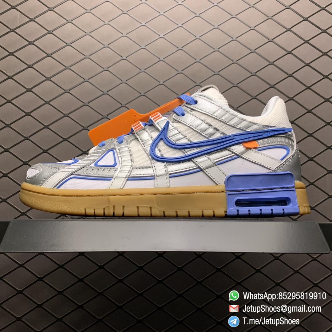 Best Replica Nike x Off White x Air Rubber Dunk University Blue White Mesh Blue Accents Upper Metallic Silver Overlays Virgil Stamp Orange Tab Swoosh SKU CU6015 100 01