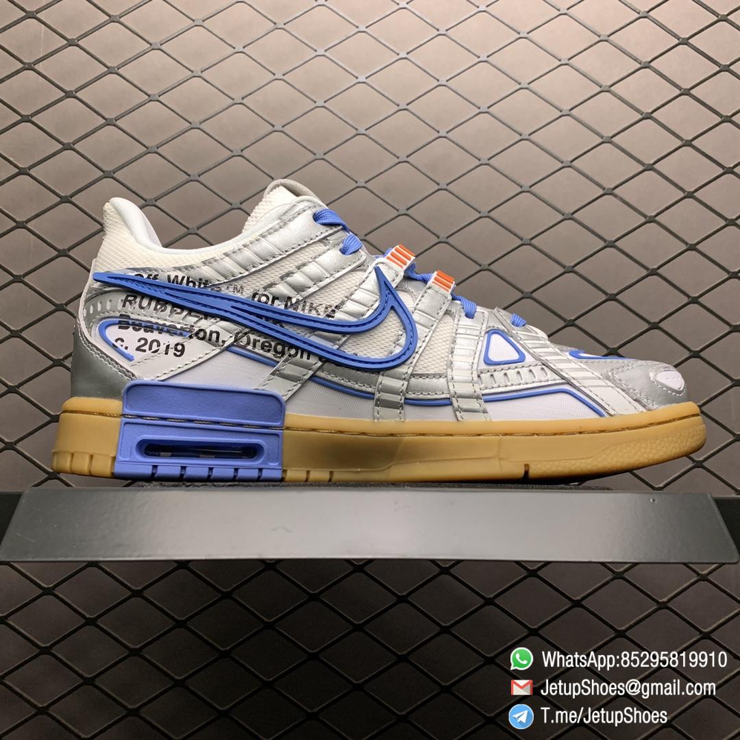 Best Replica Nike x Off White x Air Rubber Dunk University Blue White Mesh Blue Accents Upper Metallic Silver Overlays Virgil Stamp Orange Tab Swoosh SKU CU6015 100 02