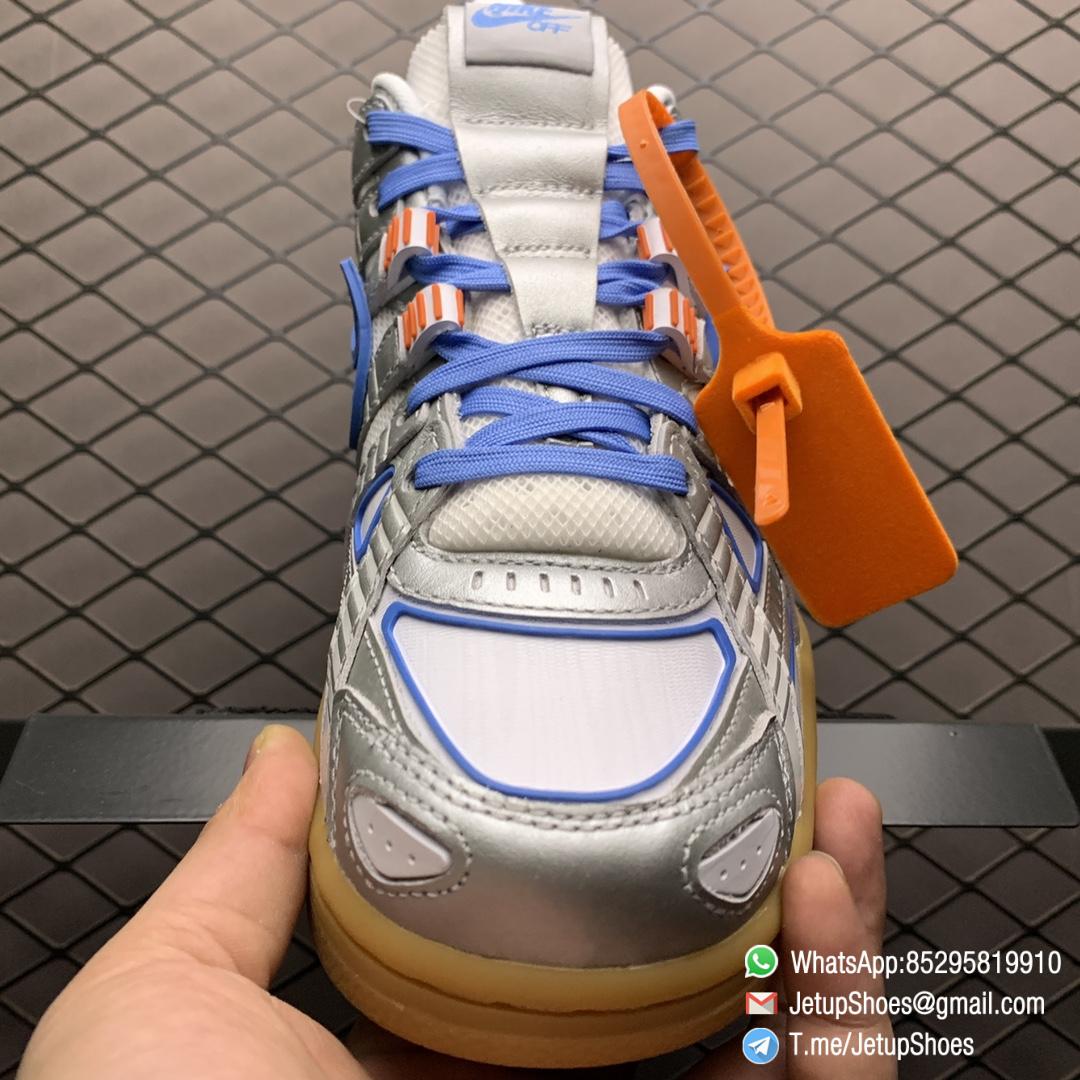 Best Replica Nike x Off White x Air Rubber Dunk University Blue White Mesh Blue Accents Upper Metallic Silver Overlays Virgil Stamp Orange Tab Swoosh SKU CU6015 100 03