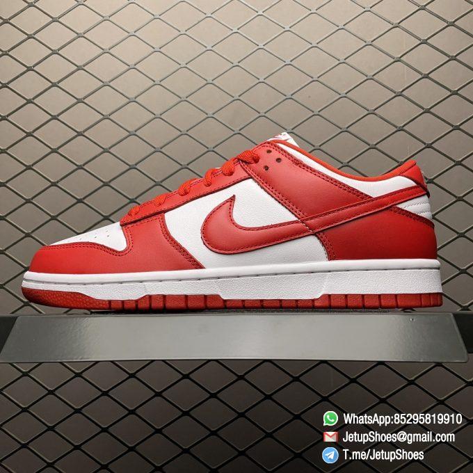Nike Dunk Low Retro SP St. Johns 35th Anniversary Two Tone Color All leather Upper White Base Red Overlays Matching Red Swoosh SKU CU1727 100 01