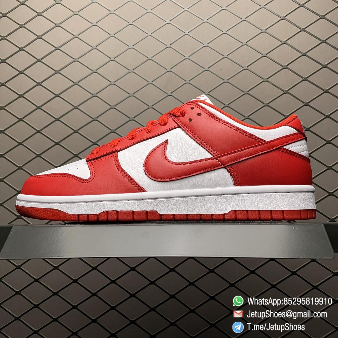 Nike Dunk Low Retro SP St. Johns 35th Anniversary Two Tone Color All leather Upper White Base Red Overlays Matching Red Swoosh SKU CU1727 100 01 Nike Dunk Low Retro SP St. Johns 35th Anniversary Two Tone Color All leather Upper White Base Red Overlays Matching Red Swoosh SKU CU1727 100 01