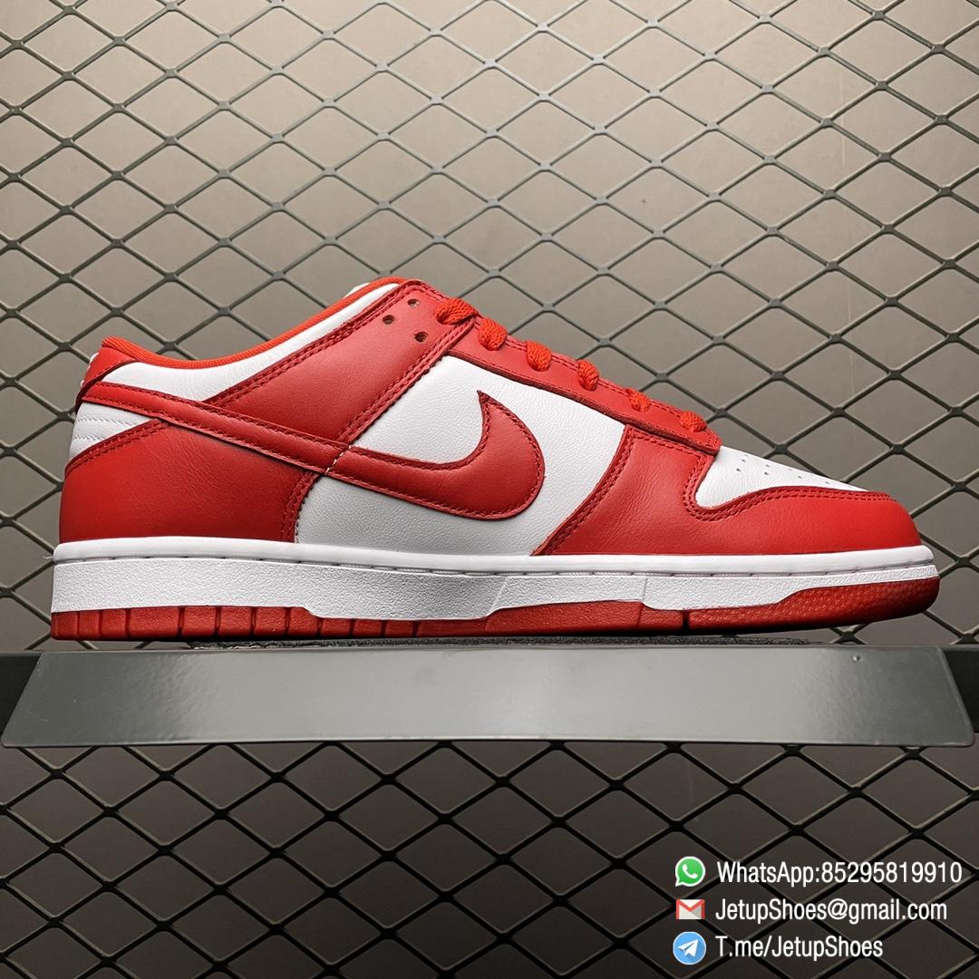 Nike Dunk Low Retro SP St. Johns 35th Anniversary Two Tone Color All leather Upper White Base Red Overlays Matching Red Swoosh SKU CU1727 100 02 Nike Dunk Low Retro SP St. Johns 35th Anniversary Two Tone Color All leather Upper White Base Red Overlays Matching Red Swoosh SKU CU1727 100 02