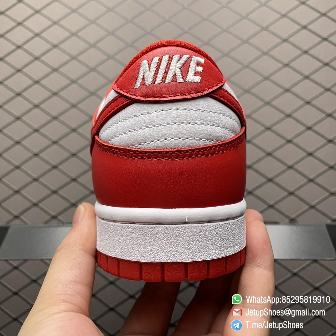 Nike Dunk Low Retro SP St. Johns 35th Anniversary Two Tone Color All leather Upper White Base Red Overlays Matching Red Swoosh SKU CU1727 100 07 Nike Dunk Low Retro SP St. Johns 35th Anniversary Two Tone Color All leather Upper White Base Red Overlays Matching Red Swoosh SKU CU1727 100 07