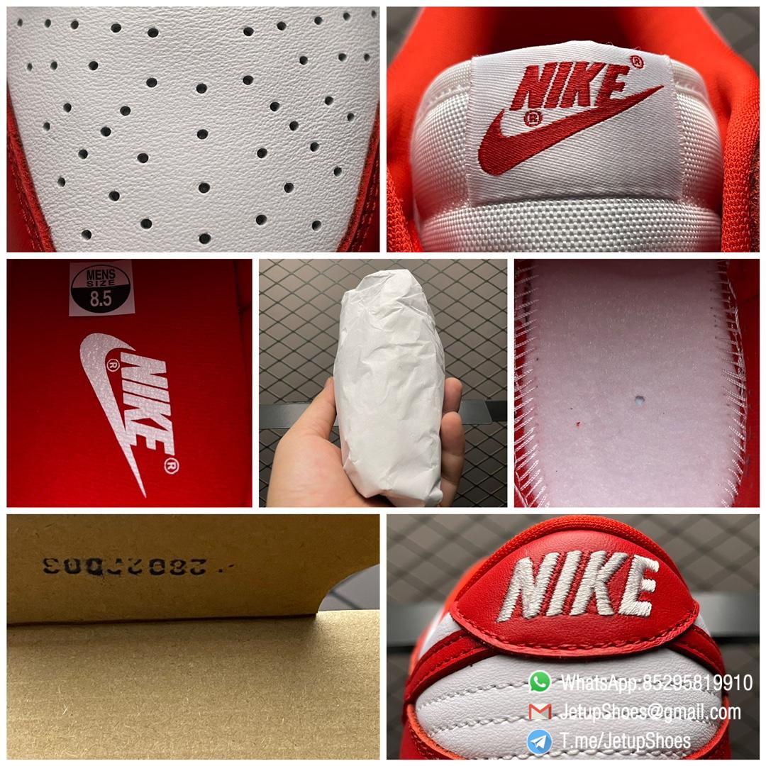 Nike Dunk Low Retro SP St. Johns 35th Anniversary Two Tone Color All leather Upper White Base Red Overlays Matching Red Swoosh SKU CU1727 100 09 Nike Dunk Low Retro SP St. Johns 35th Anniversary Two Tone Color All leather Upper White Base Red Overlays Matching Red Swoosh SKU CU1727 100 09