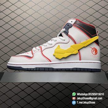 RepSneakers Gundam x Dunk High SB Project Unicorn RX 0 Mecha based Sci Fi Design White Upper Tonal Overlays Red Trim and Stitching Outlined Red Unicorn Emblem Stamp SKU DH7717 100 01