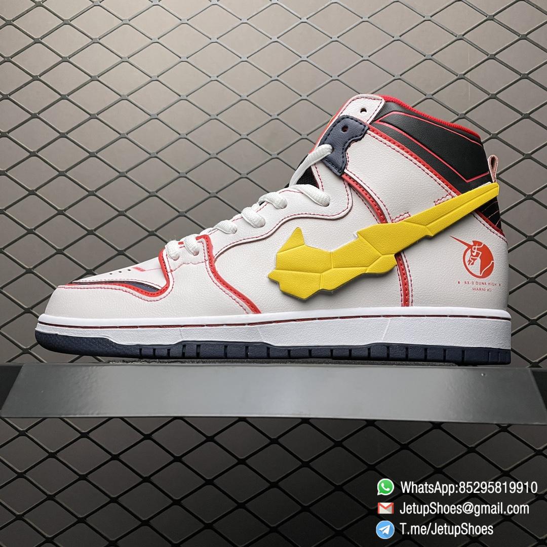 RepSneakers Gundam x Dunk High SB Project Unicorn RX 0 Mecha based Sci Fi Design White Upper Tonal Overlays Red Trim and Stitching Outlined Red Unicorn Emblem Stamp SKU DH7717 100 01