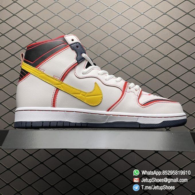 RepSneakers Gundam x Dunk High SB Project Unicorn RX 0 Mecha based Sci Fi Design White Upper Tonal Overlays Red Trim and Stitching Outlined Red Unicorn Emblem Stamp SKU DH7717 100 02
