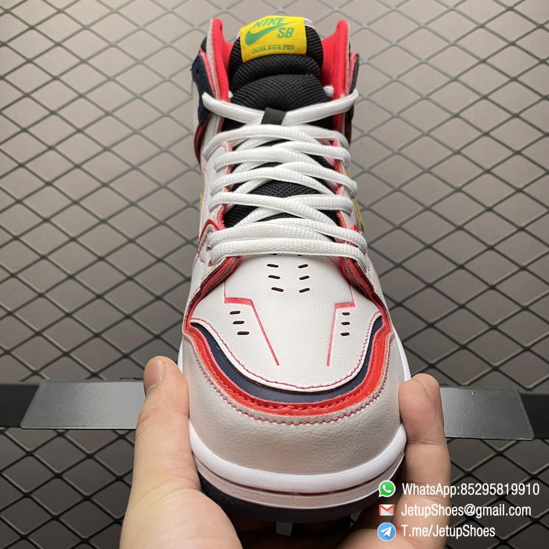 RepSneakers Gundam x Dunk High SB Project Unicorn RX 0 Mecha based Sci Fi Design White Upper Tonal Overlays Red Trim and Stitching Outlined Red Unicorn Emblem Stamp SKU DH7717 100 03