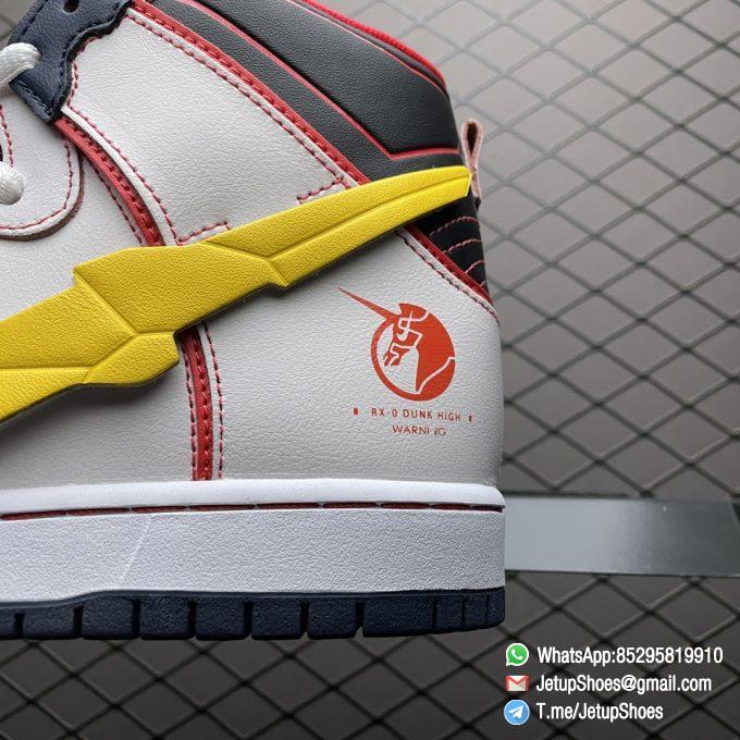 RepSneakers Gundam x Dunk High SB Project Unicorn RX 0 Mecha based Sci Fi Design White Upper Tonal Overlays Red Trim and Stitching Outlined Red Unicorn Emblem Stamp SKU DH7717 100 07