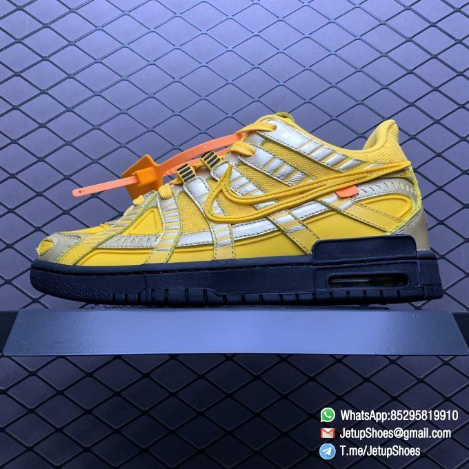 Replica Shoes Off White x Nike Air Rubber Dunk University Gold Yellow Mesh Upper Metallic Gold Leather Overlays Nike Off Tongue Tag Helvetica Text Medial Side SKU CU6015 700 01