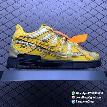 Replica Shoes Off White x Nike Air Rubber Dunk University Gold Yellow Mesh Upper Metallic Gold Leather Overlays Nike Off Tongue Tag Helvetica Text Medial Side SKU CU6015 700 02