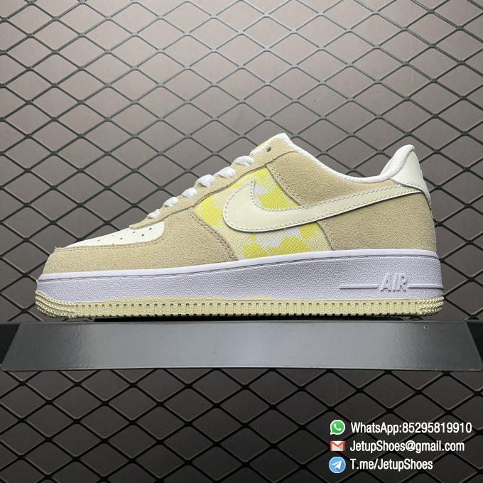 Replica Sneakers Nike Air Force 1 Low Lemon Drop Tan Suede Overlays Lemon Blossom Flower Heels White AF1 Midsole Beige Rubber Outsole SKU DM9476 700 01
