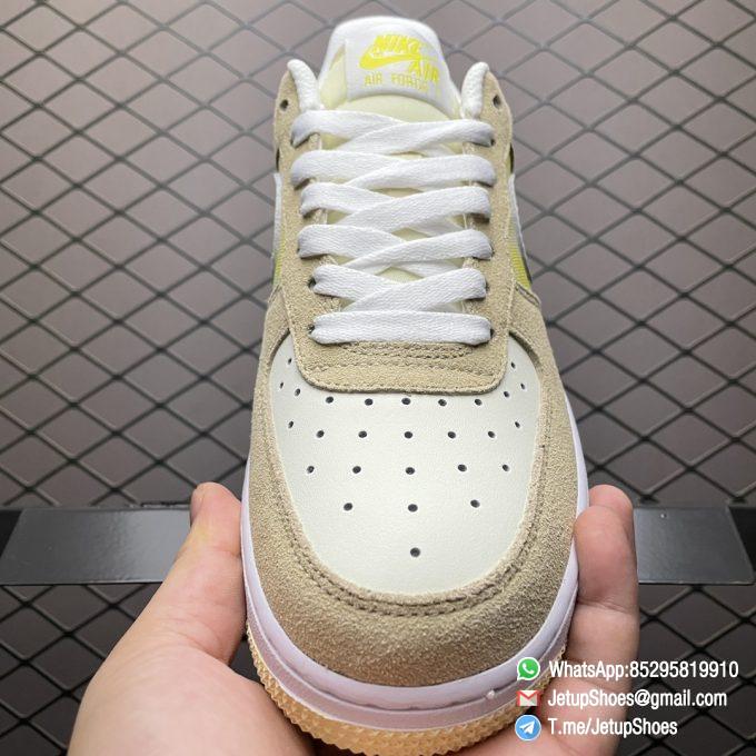 Replica Sneakers Nike Air Force 1 Low Lemon Drop Tan Suede Overlays Lemon Blossom Flower Heels White AF1 Midsole Beige Rubber Outsole SKU DM9476 700 03