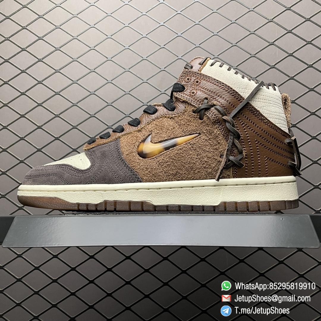 Top Quality Repsneakers Bodega x Dunk High Legend Moccasin Like Rawhide Stitching Cream hued Leather Toe Brown Hairy Suede Panels and Overlays Debossed Bodega Logo SKU CZ8125 200 01