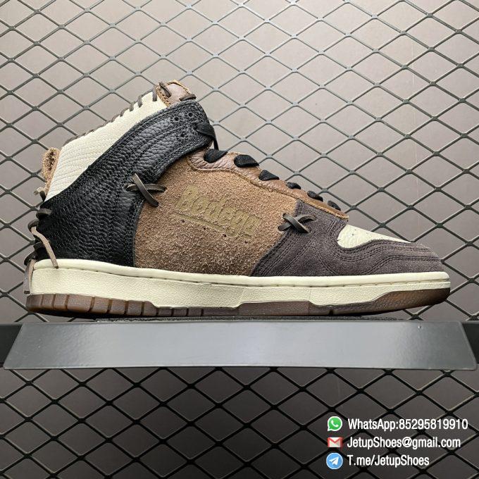 Top Quality Repsneakers Bodega x Dunk High Legend Moccasin Like Rawhide Stitching Cream hued Leather Toe Brown Hairy Suede Panels and Overlays Debossed Bodega Logo SKU CZ8125 200 02
