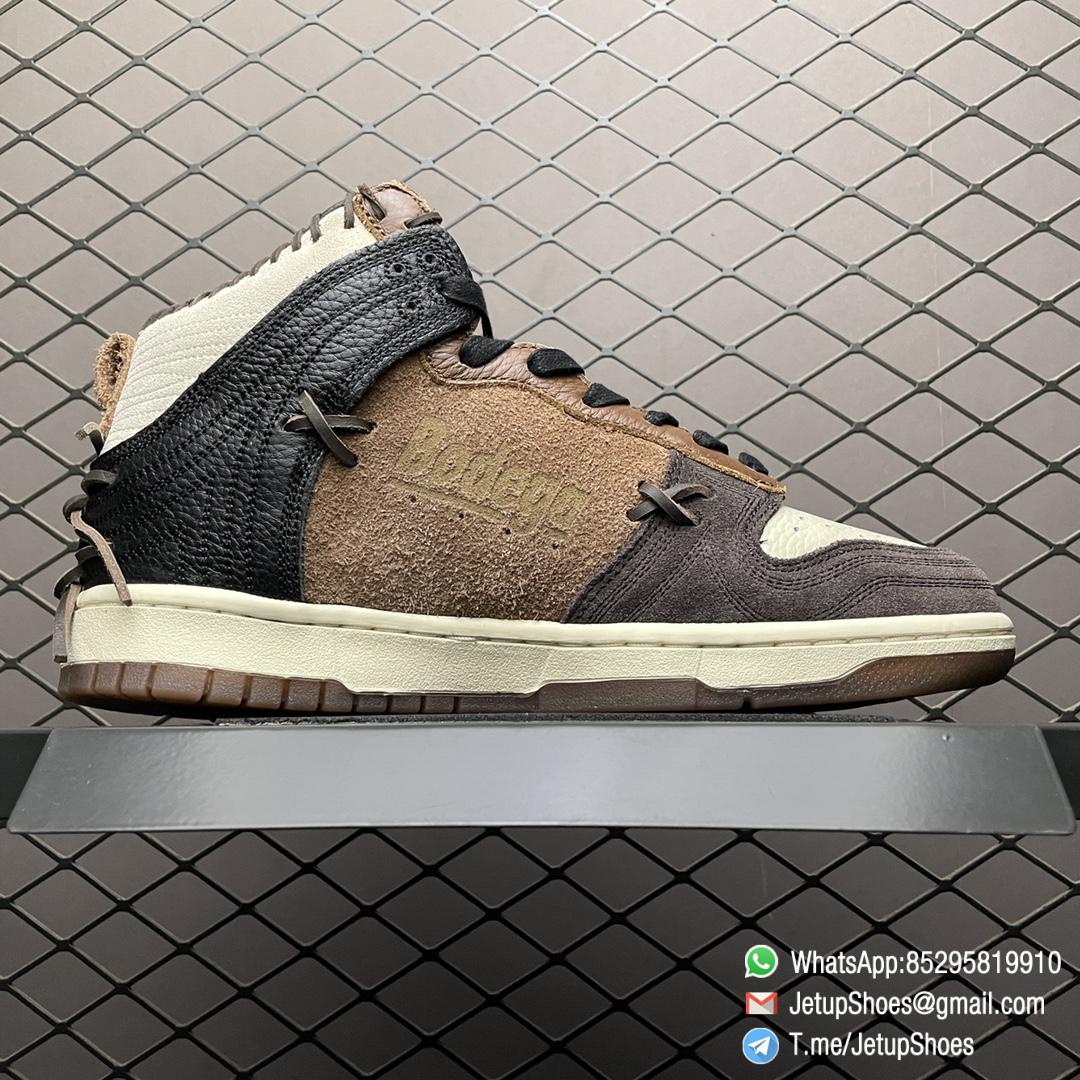 Top Quality Repsneakers Bodega x Dunk High Legend Moccasin Like Rawhide Stitching Cream hued Leather Toe Brown Hairy Suede Panels and Overlays Debossed Bodega Logo SKU CZ8125 200 02