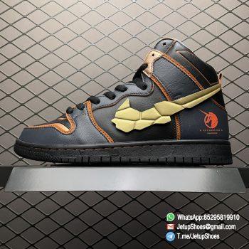 Top Replica Gundam x Nike Dunk High SB Project Unicorn Banshee Norn Black Upper Navy Overlays Copper Trim Angular Lines Toe Box Collar Pink Unicorn Emblem SKU DH7717 400 01