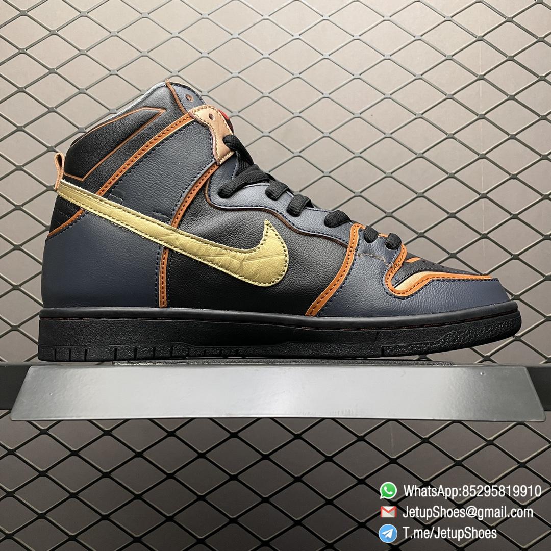 Top Replica Gundam x Nike Dunk High SB Project Unicorn Banshee Norn Black Upper Navy Overlays Copper Trim Angular Lines Toe Box Collar Pink Unicorn Emblem SKU DH7717 400 02