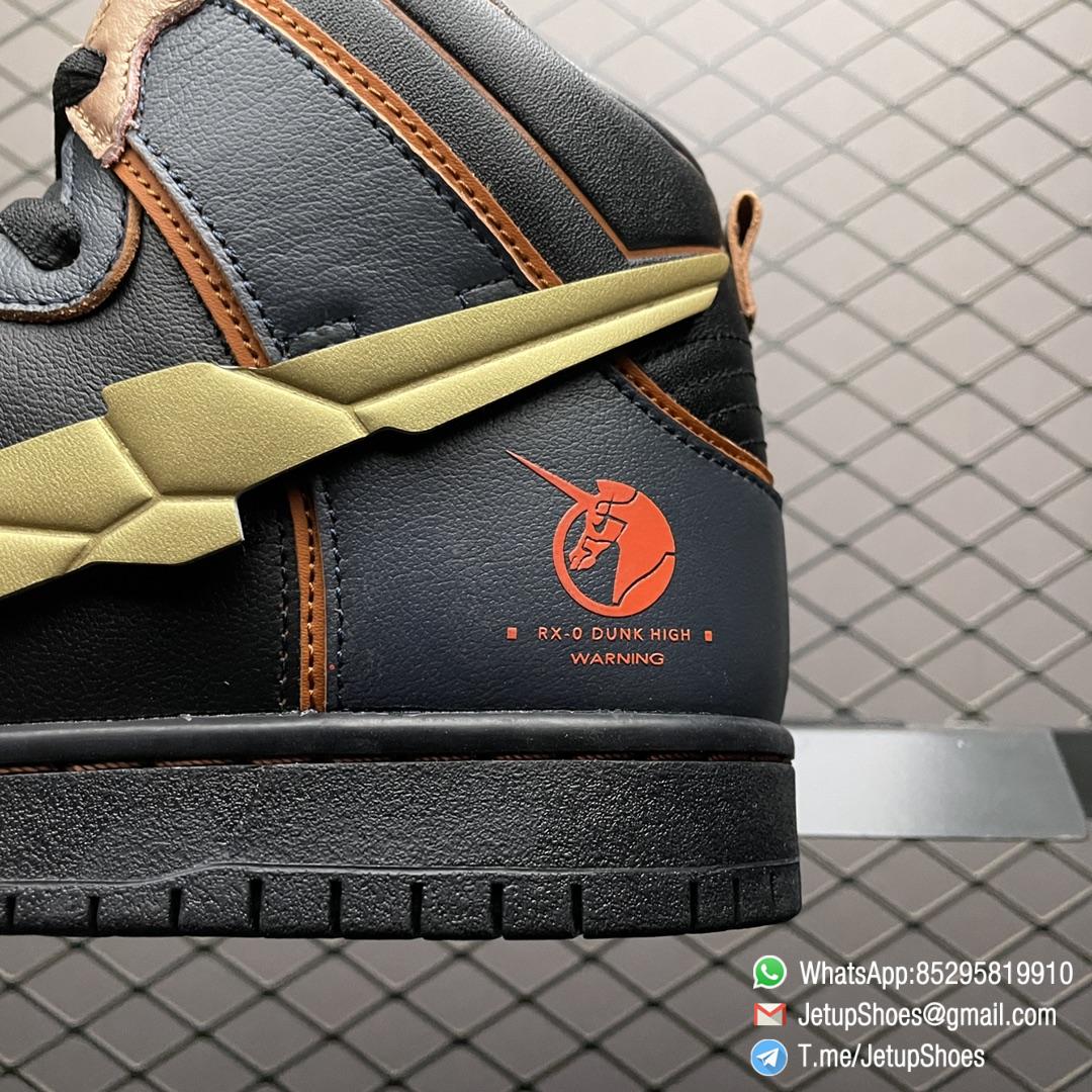 Top Replica Gundam x Nike Dunk High SB Project Unicorn Banshee Norn Black Upper Navy Overlays Copper Trim Angular Lines Toe Box Collar Pink Unicorn Emblem SKU DH7717 400 06