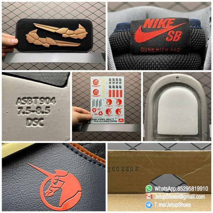 Top Replica Gundam x Nike Dunk High SB Project Unicorn Banshee Norn Black Upper Navy Overlays Copper Trim Angular Lines Toe Box Collar Pink Unicorn Emblem SKU DH7717 400 09