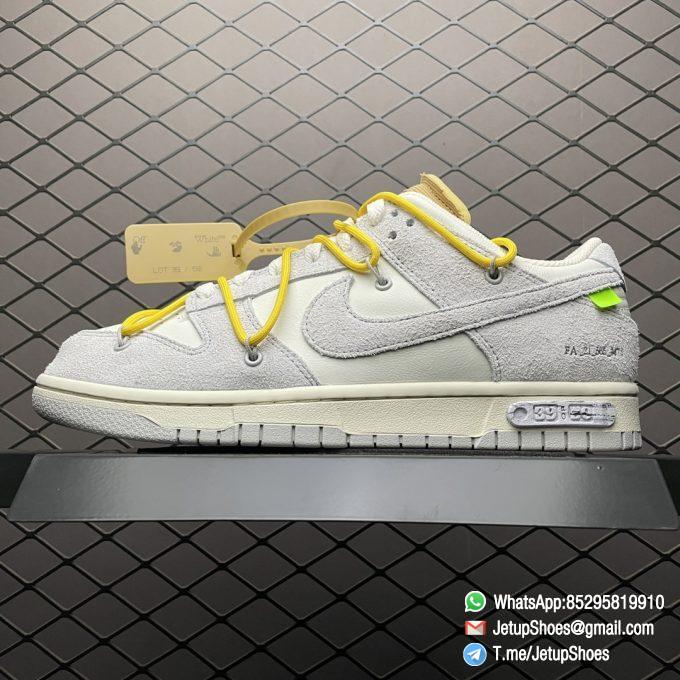 Top Replica Nike Dunk Off White x Dunk Low Lot 39 of 50 White Leather Upper with Soft Grey Suede Overlays 39 of 50 badge the lateral midsole SKU DJ0950 109 01