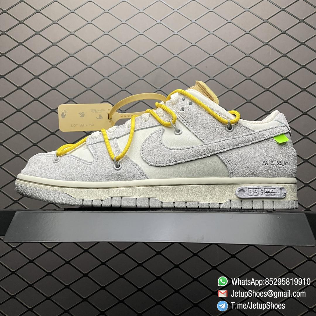 Top Replica Nike Dunk Off White x Dunk Low Lot 39 of 50 White Leather Upper with Soft Grey Suede Overlays 39 of 50 badge the lateral midsole SKU DJ0950 109 01