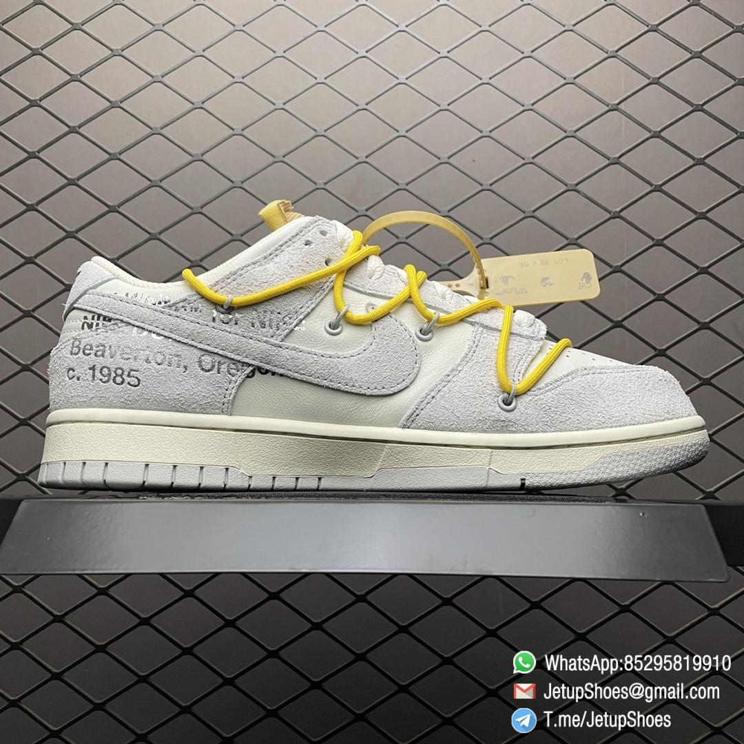 Top Replica Nike Dunk Off White x Dunk Low Lot 39 of 50 White Leather Upper with Soft Grey Suede Overlays 39 of 50 badge the lateral midsole SKU DJ0950 109 02