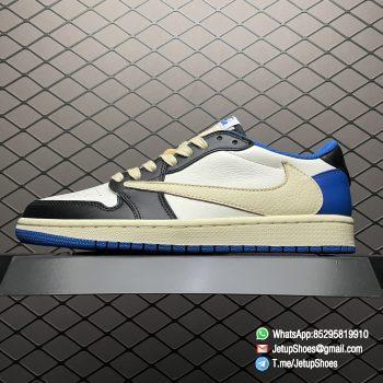 Air Jordan 1 Retro Low x Fragment Design x Travis Scott SKU DM7866 140 White Leather Upper Black and Royal Blue Overylays Scotts Inverted Oversized Swoosh Rappers Smiley Face Logo 01