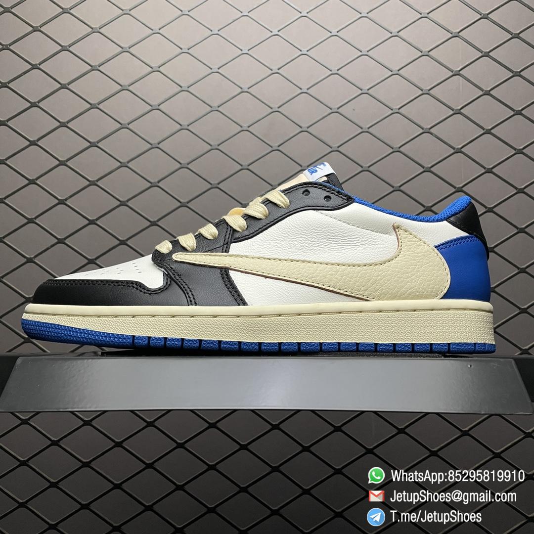 Air Jordan 1 Retro Low x Fragment Design x Travis Scott SKU DM7866 140 White Leather Upper Black and Royal Blue Overylays Scotts Inverted Oversized Swoosh Rappers Smiley Face Logo 01 Air Jordan 1 Retro Low x Fragment Design x Travis Scott SKU DM7866 140 White Leather Upper Black and Royal Blue Overylays Scotts Inverted Oversized Swoosh Rappers Smiley Face Logo 01