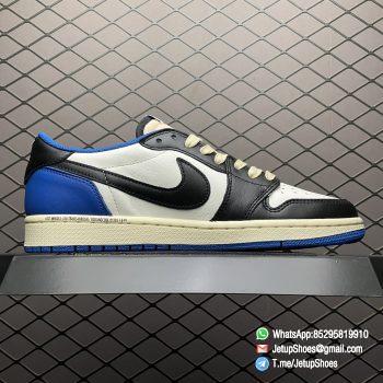 Air Jordan 1 Retro Low x Fragment Design x Travis Scott SKU DM7866 140 White Leather Upper Black and Royal Blue Overylays Scotts Inverted Oversized Swoosh Rappers Smiley Face Logo 02