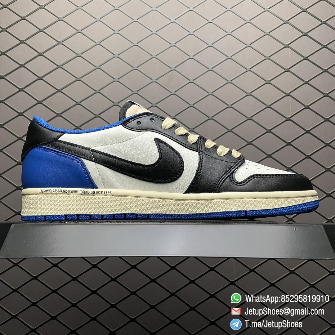 Air Jordan 1 Retro Low x Fragment Design x Travis Scott SKU DM7866 140 White Leather Upper Black and Royal Blue Overylays Scotts Inverted Oversized Swoosh Rappers Smiley Face Logo 02