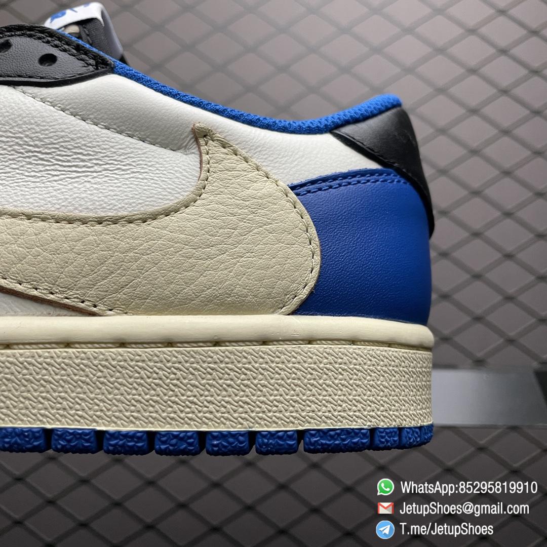 Air Jordan 1 Retro Low x Fragment Design x Travis Scott SKU DM7866 140 White Leather Upper Black and Royal Blue Overylays Scotts Inverted Oversized Swoosh Rappers Smiley Face Logo 04