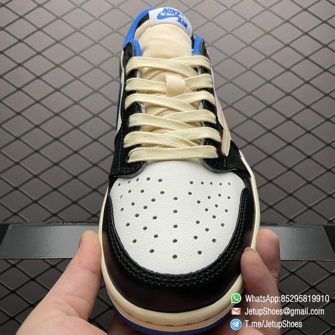 Air Jordan 1 Retro Low x Fragment Design x Travis Scott SKU DM7866 140 White Leather Upper Black and Royal Blue Overylays Scotts Inverted Oversized Swoosh Rappers Smiley Face Logo 05 Air Jordan 1 Retro Low x Fragment Design x Travis Scott SKU DM7866 140 White Leather Upper Black and Royal Blue Overylays Scotts Inverted Oversized Swoosh Rappers Smiley Face Logo 05