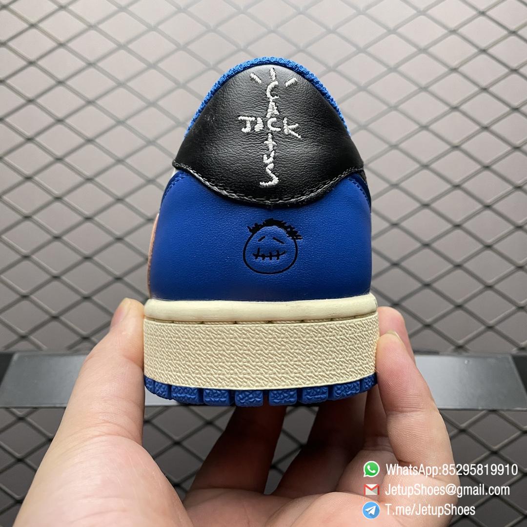 Air Jordan 1 Retro Low x Fragment Design x Travis Scott SKU DM7866 140 White Leather Upper Black and Royal Blue Overylays Scotts Inverted Oversized Swoosh Rappers Smiley Face Logo 06