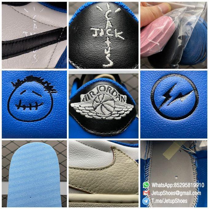 Air Jordan 1 Retro Low x Fragment Design x Travis Scott SKU DM7866 140 White Leather Upper Black and Royal Blue Overylays Scotts Inverted Oversized Swoosh Rappers Smiley Face Logo 09