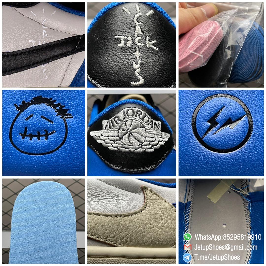 Air Jordan 1 Retro Low x Fragment Design x Travis Scott SKU DM7866 140 White Leather Upper Black and Royal Blue Overylays Scotts Inverted Oversized Swoosh Rappers Smiley Face Logo 09