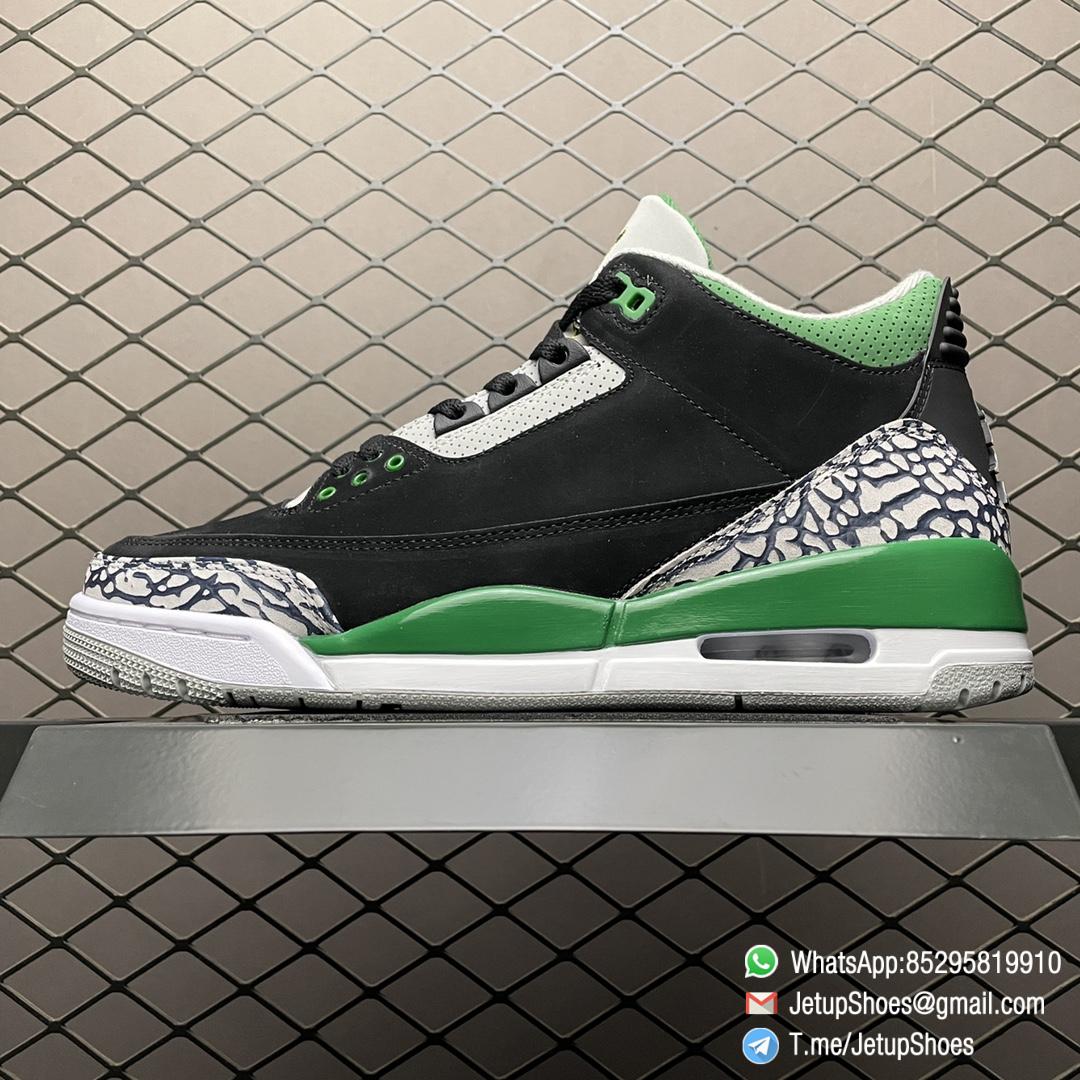 Best Replica Air Jordan 3 Retro Pine Green Black Textured Nubuck Upper Signature Elephant Overlays Green Eyelets Collar Jumpman Icon tongue Heel Top Fake Sneakers 01