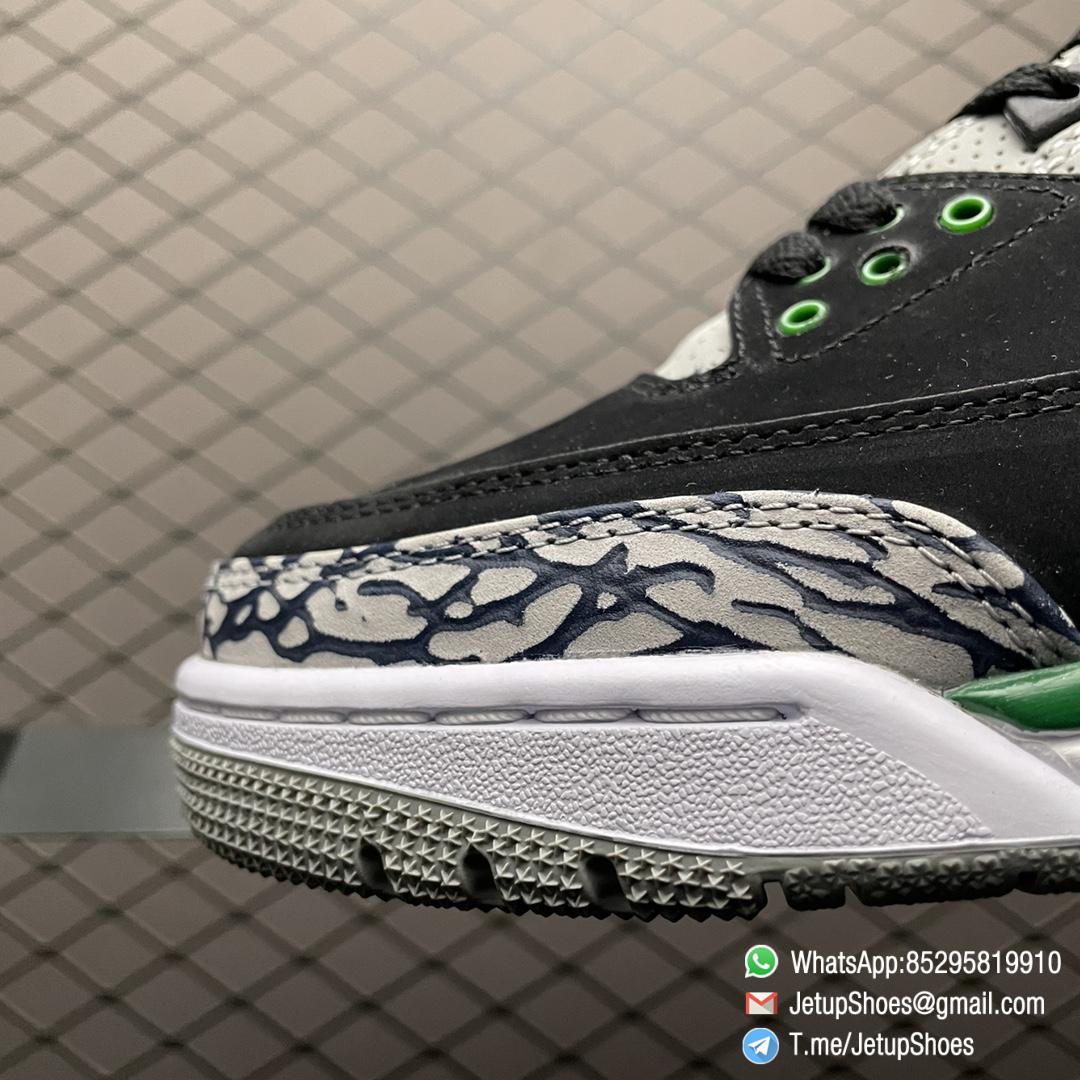 Best Replica Air Jordan 3 Retro Pine Green Black Textured Nubuck Upper Signature Elephant Overlays Green Eyelets Collar Jumpman Icon tongue Heel Top Fake Sneakers 03