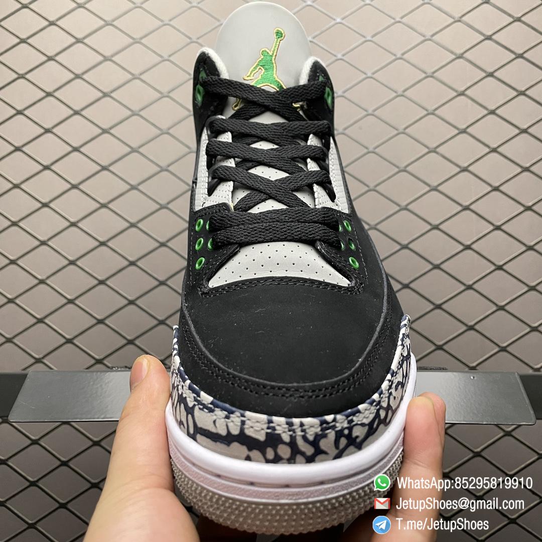 Best Replica Air Jordan 3 Retro Pine Green Black Textured Nubuck Upper Signature Elephant Overlays Green Eyelets Collar Jumpman Icon tongue Heel Top Fake Sneakers 06